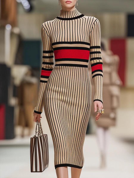 

Urban Striped Stand Collar Sweater Midi Dress, Khaki, Midi Dresses