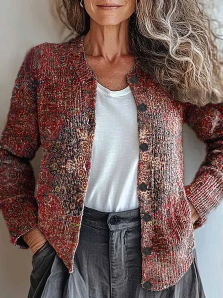 

Women Ethnic Vintage Spring/Fall Printing Cardigan, Wine red, Cardigans