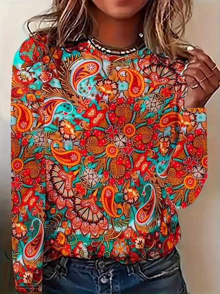 

Women Floral Long Sleeve Tee T-shirt Crew Neck Printing Casual Spring/Fall Graphic Tee Top, Orange, T-Shirts