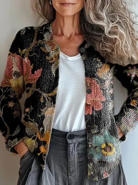 

Women Floral Vintage Spring/Fall Printing Cardigan, Black, Cardigans