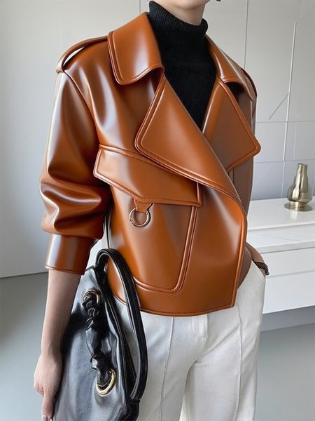 

Casual Buttoned Plain Lapel Collar Faux Leather Coat, As picture, Jackets