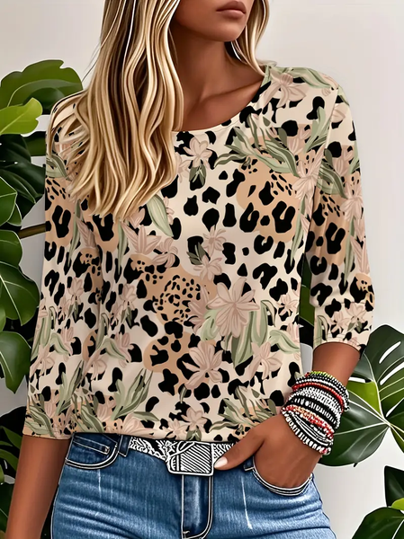 

Women Floral Three Quarter Sleeve Tee T-shirt Crew Neck Casual Spring/Fall Graphic Tee Top, Khaki, T-Shirts
