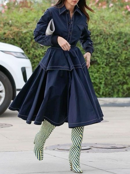 

Urban Color Block Shirt Collar Midi Dress, Deep blue, Midi Dresses