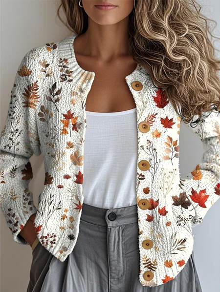 

Women Maple Leaf Buttons Long Sleeve Crew Neck Vintage Spring/Fall Cardigan Outerwear, Color2, Cardigans