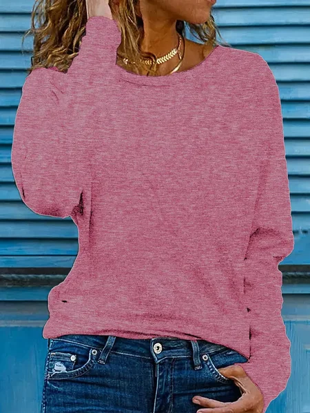 

Women Plain Crew Neck Casual Long Sleeve T-shirt, Deep pink, Long Sleeves