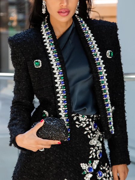 

Elegant Rhinestones Plain V Neck Jacket, Black, Jackets
