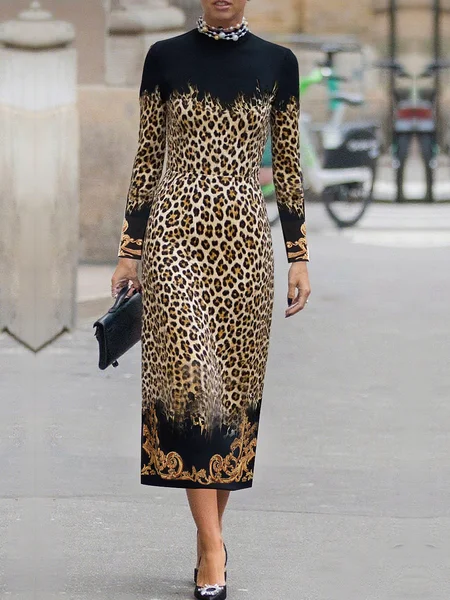 

Urban Leopard Printing Crew Neck Midi Dress, As picture, Midi Dresses
