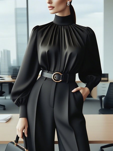 

Urban Plain Gathered Stand Collar Blouse, Black, Blouses and Shirts