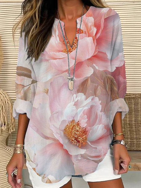

Women Floral Long Sleeve Blouse Spring/Fall Printing V Neck Daily Casual Top, Pink, Shirts