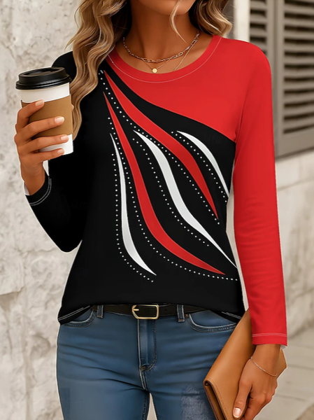 

Women Abstract Long Sleeve Tee T-shirt Crew Neck Printing Casual Spring/Fall Graphic Tee Top, Red, T-Shirts