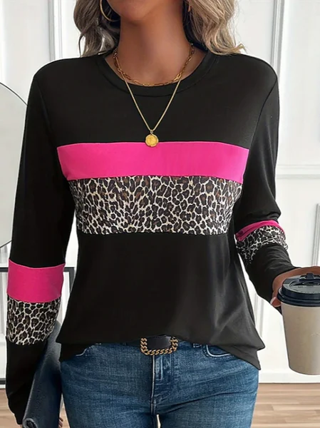 

Women Leopard Long Sleeve Tee T-shirt Crew Neck Printing Casual Spring/Fall Graphic Tee Top, Black, T-Shirts