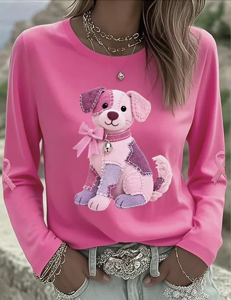 

Vintage Animal Crew Neck Long Sleeve T-shirt, Rose red, T-shirts