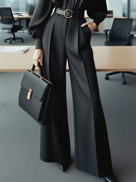 

Urban Plain Fashion Wide Leg Pants No Belt, Black, Pants