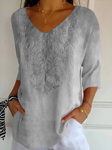 

Women Floral Three Quarter Sleeve Tee T-shirt V Neck Printing Casual Spring/Fall Graphic Tee Top, Gray, T-Shirts