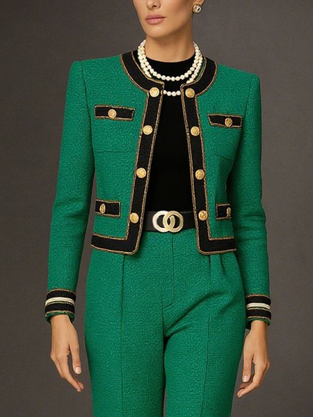 

Elegant Tweed Buttoned Color Block Crew Neck Jacket, Green, Jackets