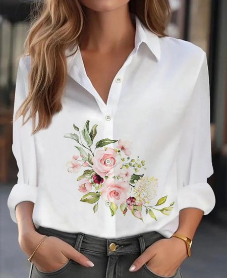 Women Floral Long Sleeve Shirt Spring/Fall Buckle Shirt Collar Regular Sleeve Daily Casual Top