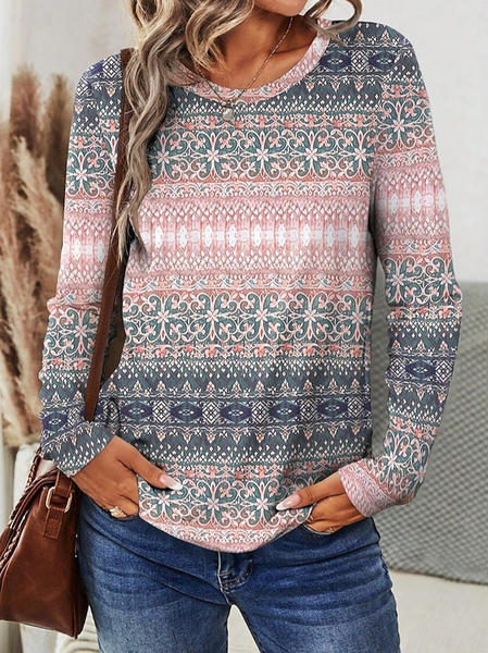 

Women Ethnic Long Sleeve Tee T-shirt Crew Neck Printing Casual Spring/Fall Graphic Tee Top, Pink, T-Shirts
