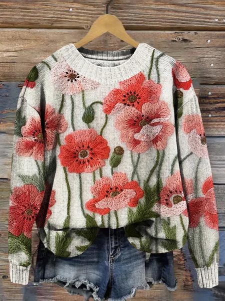

Women Floral Printing Spring/Fall Casual Long Sleeve Crew Neck Knitted Sweater, As picture, Sweaters
