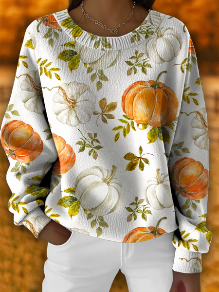 

Women Floral Printing Spring/Fall Casual Long Sleeve Crew Neck Knitted Sweater, White, Sweaters