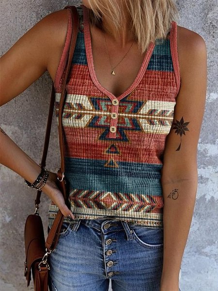 

Casual V Neck Geometric Tank Top, As picture, Tanks & Camis