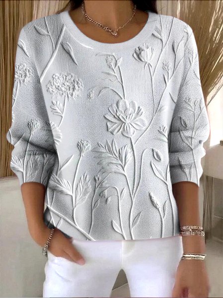 

Women Floral Spring/Fall Vintage Long Sleeve Crew Neck Cotton Sweater, Silver, Sweaters