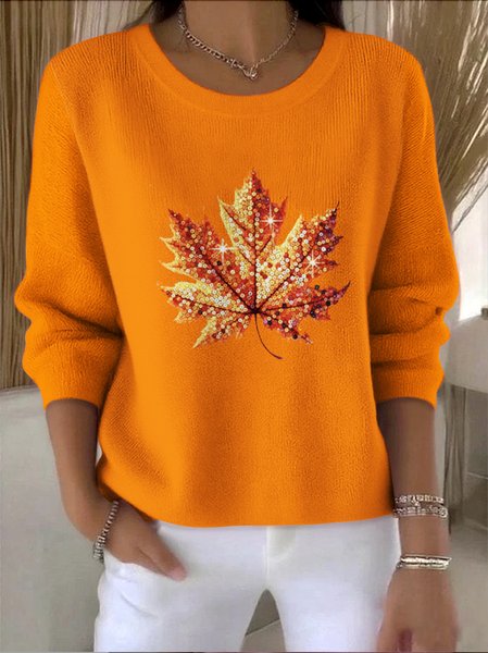 

Women Cotton Floral Long Sleeve Comfy Vintage Sweater, Orange, Sweaters