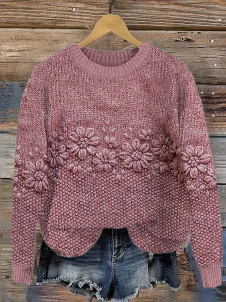 

Women Floral Printing Spring/Fall Casual Long Sleeve Crew Neck Knitted Sweater, Pink, Sweaters