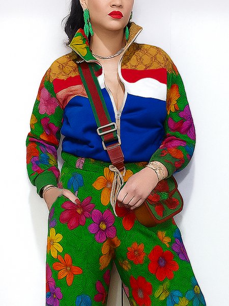 

Casual Printing Floral Stand Collar Jacket, As picture, Jackets
