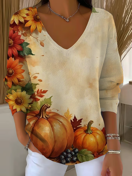 

Women Sunflower Long Sleeve Tee T-shirt V Neck Printing Casual Spring/Fall Top, Khaki, T-Shirts