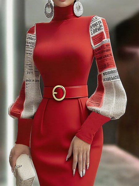 

Jersey Casual Letter Pattern Printing Turtleneck Balloon Sleeve T-shirt, Red, Tees