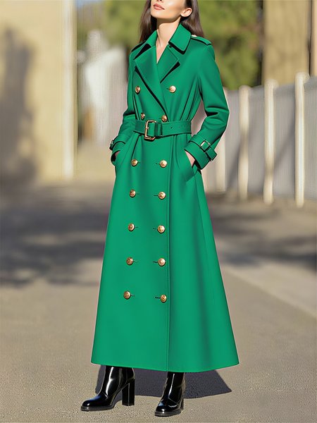 

Urban Buttoned Plain Lapel Collar Trench Coat With Belt, Green, Trench Coats