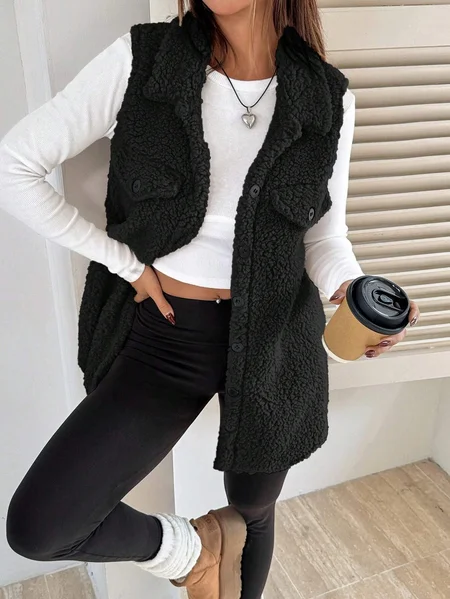 

Women's Autumn And Winter Lapel Buttoned Plush Vest Jacket Loose Temperament Commuting Imitation Lambskin, Black, Outerwear