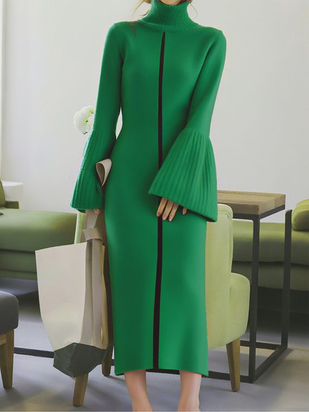 

Casual Color Block Bell Sleeve Turtleneck Midi Sweater Dress, Green, Midi Dresses