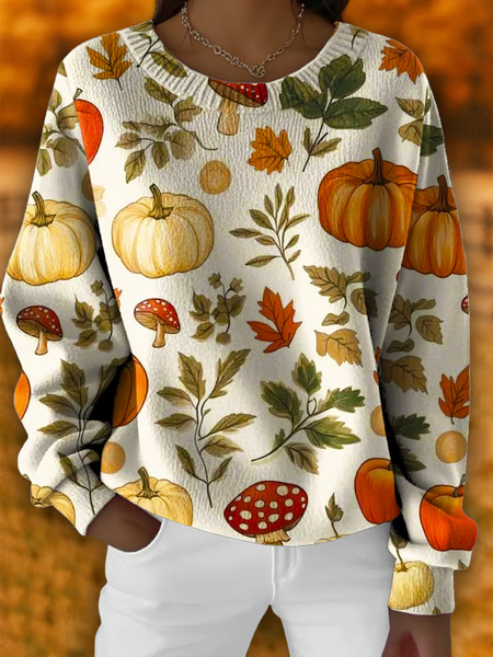 

Women Floral Printing Spring/Fall Casual Long Sleeve Crew Neck Knitted Sweater, Apricot, Sweaters