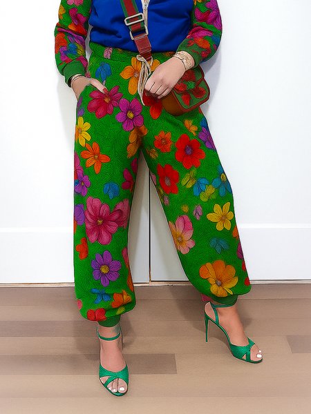 

Casual Floral Printing Ankle Banded Pants, Green, Pants
