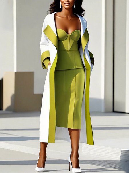 

Casual Split Joint Color Block Shawl Collar Trench Coat, White-green, Trench Coats