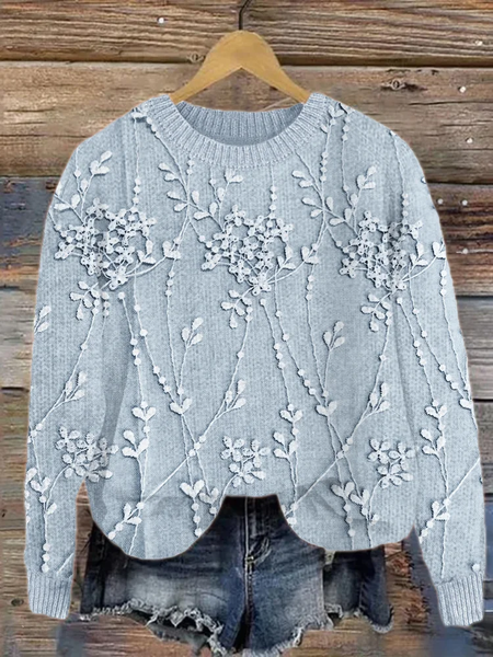 

Women Floral Printing Spring/Fall Casual Long Sleeve Crew Neck Knitted Sweater, Blue, Sweaters