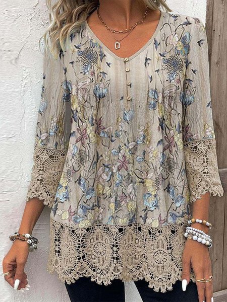 

Casual Floral V Neck Three Quarter Sleeve T-shirt, Camel, T-shirts