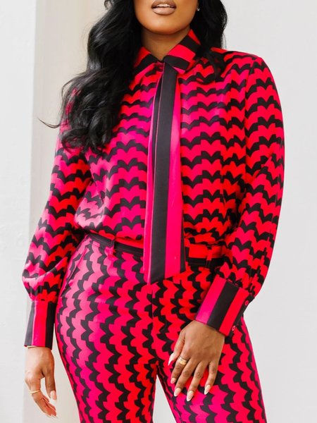 

Urban Geometric Printing Shirt Collar Tie Shirt, Red, Blouses and Shirts