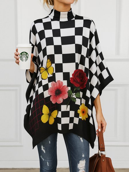 

Jersey Casual Plaid Irregular Craftsmanship Stand Collar Blouse, Black-white, Blouses and Shirts