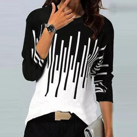 

Casual Striped Crew Neck Long Sleeve T-shirt, Black-white, T-shirts