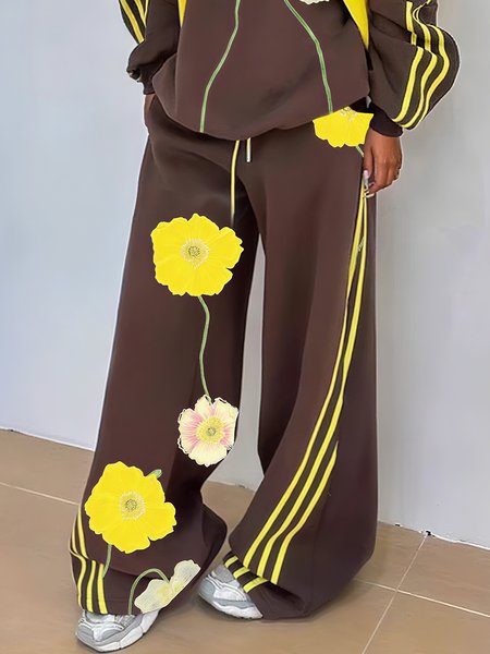 

Casual Floral Printing Wide Leg Pants, Brown, Pants