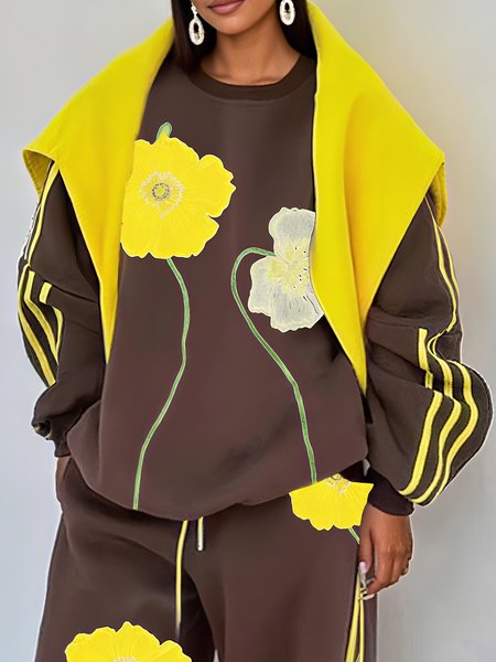 

Casual Floral Printing Crew Neck Raglan Sleeve Sweatshirt, Brown, Hoodies and Sweatshirts