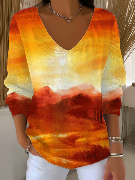 

Women Abstract Long Sleeve Tee T-shirt V Neck Printing Casual Spring/Fall Top, Orange, T-Shirts