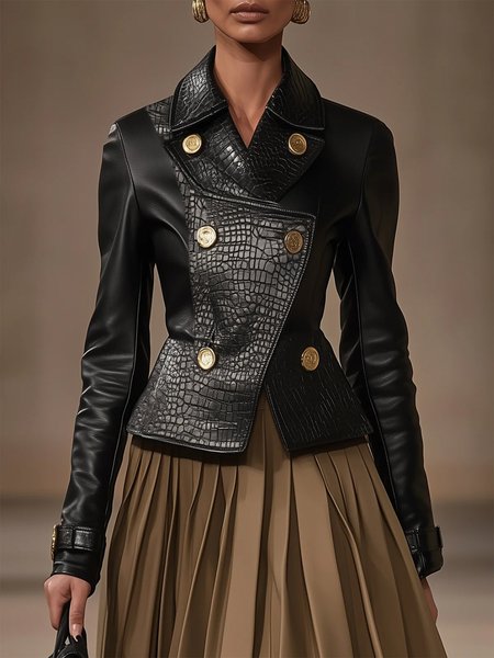 

Urban Buttoned Plain Shawl Collar Faux Leather Coat, Black, Jackets