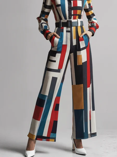 Urban Geometric Straight Pants With Belt