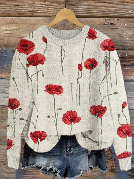 

Women Floral Printing Spring/Fall Casual Long Sleeve Crew Neck Knitted Sweater, Apricot, Sweaters