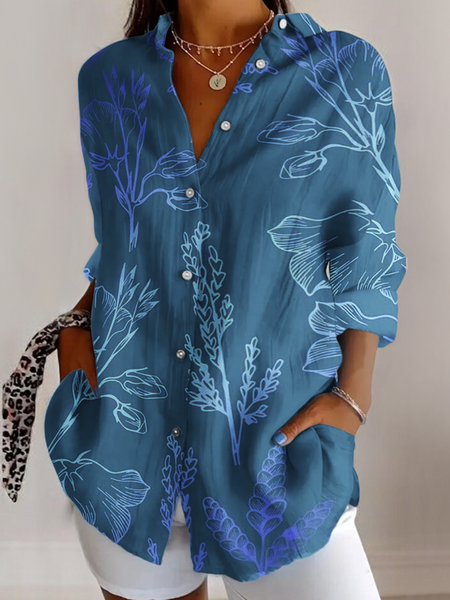 V Neck Long Sleeve Botanical Pattern Regular Micro-Elasticity Regular Fit Shirt For Women