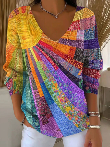 

Women Abstract Long Sleeve Tee T-shirt V Neck Printing Casual Spring/Fall Top, As picture, T-Shirts