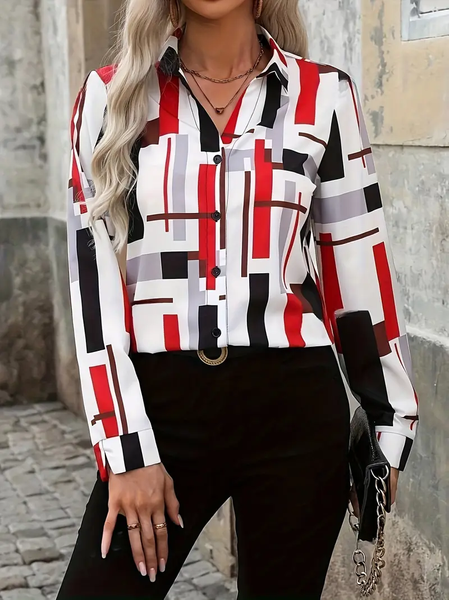 

Women Abstract Long Sleeve Shirt Spring/Fall Buckle Shirt Collar Regular Sleeve Daily Casual Top, As picture, Shirts